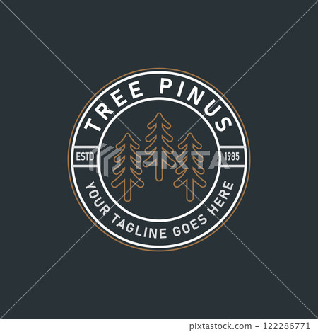 Three Pine Trees Silhouette Similar to Spruce. Wood Forest Logo Design Classic Illustration Label Badge Retro Vintage Emblem with dark background 122286771