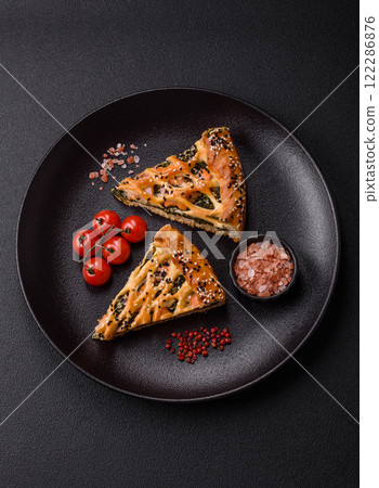 Pieces of quiche with salmon, spinach or broccoli, salt and spices 122286876