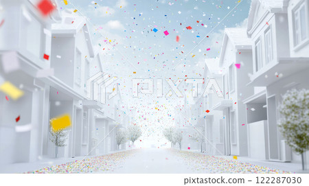 Confetti falling in a white residential area 122287030