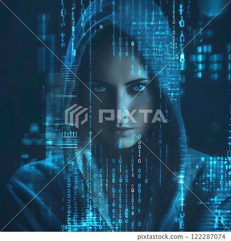 mysterious female hacker with hood, surrounded by digital code and binary data, exuding sense of intrigue and intelligence 122287074