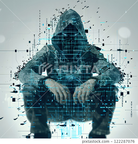 mysterious hacker in digital environment, surrounded by data streams and codes 122287076