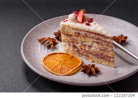 Piece of sweet layer cake with white cream, raspberries and strawberries Piece of sweet layer cake with white cream, raspberries and strawberries 122287104