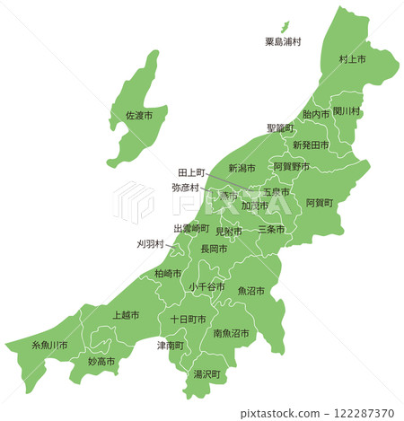 可分割的新潟縣地圖,包含城市、城鎮和村莊名稱 可分割的新潟縣地圖,包含城市、城鎮和村莊名稱 122287370