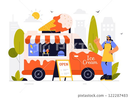 Street Food Festival Event Vector Illustration featuring People and Food Trucks in a Summer Outdoor City Park Marketplace with a Flat Style Background Street Food Festival Event Vector Illustration featuring People and Food Trucks in a Summer Outdoor City Park Marketplace with a Flat Style Background 122287483