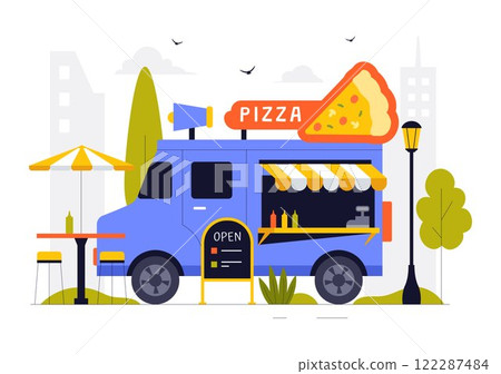 Street Food Festival Event Vector Illustration featuring People and Food Trucks in a Summer Outdoor City Park Marketplace with a Flat Style Background Street Food Festival Event Vector Illustration featuring People and Food Trucks in a Summer Outdoor City Park Marketplace with a Flat Style Background 122287484
