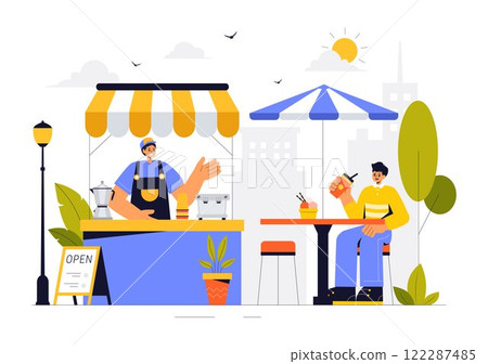 Street Food Festival Event Vector Illustration featuring People and Food Trucks in a Summer Outdoor City Park Marketplace with a Flat Style Background Street Food Festival Event Vector Illustration featuring People and Food Trucks in a Summer Outdoor City Park Marketplace with a Flat Style Background 122287485