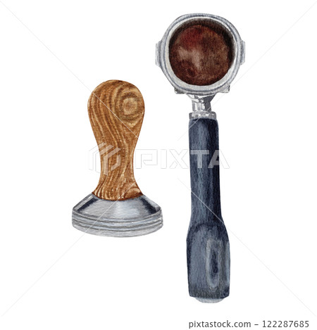Watercolor set of a holder for a horn coffee maker and a coffee tamper with a wooden handle on white background 122287685