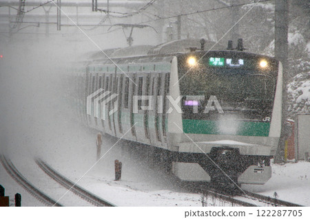 [JA] Saikyo Line E233 series train traveling through Tokyo during a snowstorm (2014) 122287705