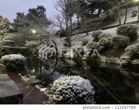 Snow-covered trees and the reflective water surface 122287768