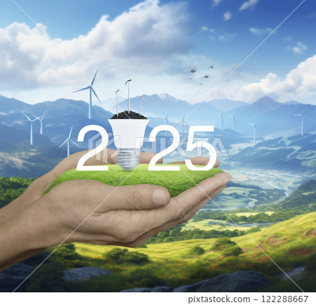 Happy new year 2025 green ecology and saving energy concept, Generative AI 122288667