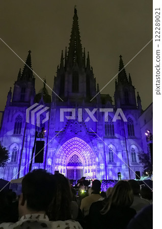 BARCELONA, SPAIN  - MAY 11, 2018. Barcelona Cathedral at night during a concert. Cathedral of the Holy Cross and Saint Eulalia. 122289021