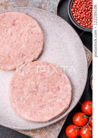 Raw chicken burger cutlet with salt, spices and herbs 122289106