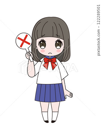 一名身著水手服的女學生舉著十字標語牌,一臉失望的全身插圖 一名身著水手服的女學生舉著十字標語牌,一臉失望的全身插圖 122289501