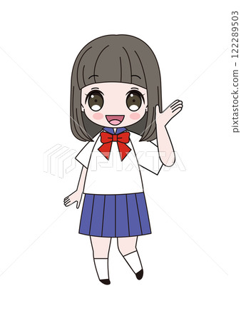 Full-body illustration of a female student in a sailor uniform smiling and waving Full-body illustration of a female student in a sailor uniform smiling and waving 122289503
