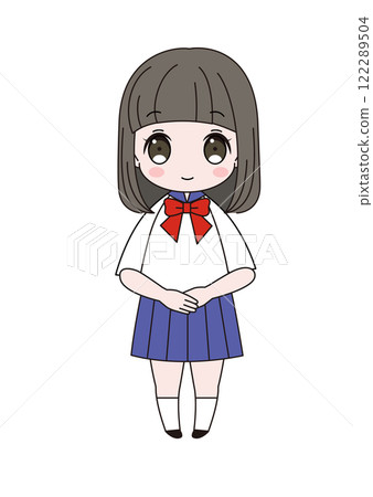 身穿水手服的女學生微笑著面向前方站立的全身插圖 122289504