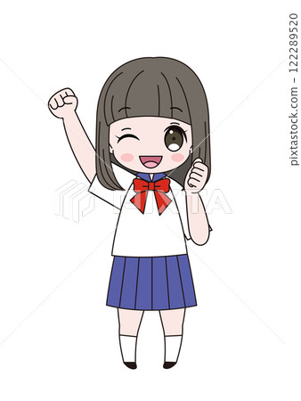 身穿水手服的女學生握拳並眨眼的全身插圖 122289520