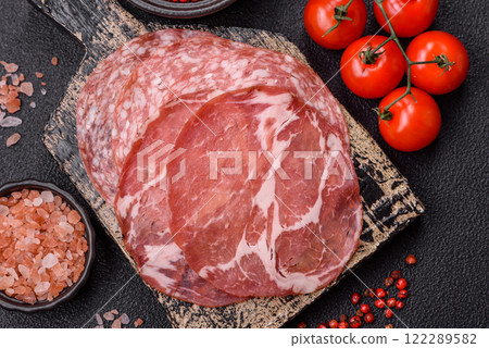 Antipasto jamon, prosciutto, sausage, sliced with tomatoes, salt and spices Antipasto jamon, prosciutto, sausage, sliced with tomatoes, salt and spices 122289582