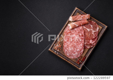 Antipasto jamon, prosciutto, sausage, sliced with tomatoes, salt and spices Antipasto jamon, prosciutto, sausage, sliced with tomatoes, salt and spices 122289597