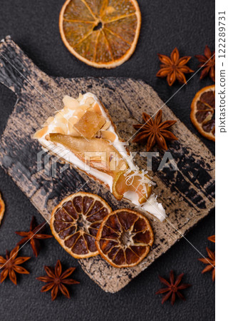 Layered sweet cake with cream, pear and dorblu cheese Layered sweet cake with cream, pear and dorblu cheese 122289731