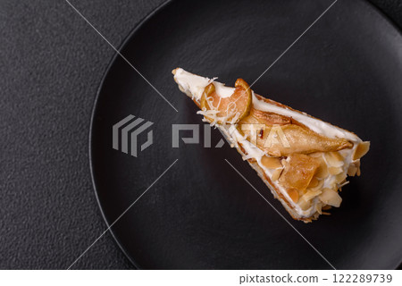 Layered sweet cake with cream, pear and dorblu cheese 122289739