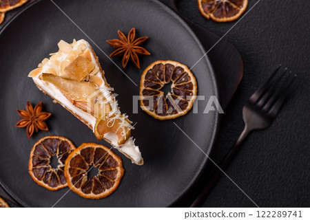 Layered sweet cake with cream, pear and dorblu cheese Layered sweet cake with cream, pear and dorblu cheese 122289741