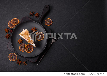 Layered sweet cake with cream, pear and dorblu cheese 122289744