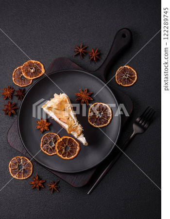 Layered sweet cake with cream, pear and dorblu cheese Layered sweet cake with cream, pear and dorblu cheese 122289745