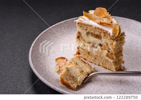 Layered sweet cake with cream, pear and dorblu cheese Layered sweet cake with cream, pear and dorblu cheese 122289750