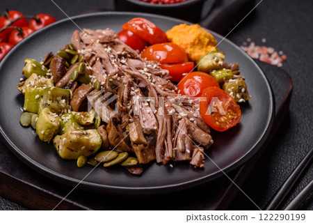 Boiled beef with vegetables, grains, seeds and spices Boiled beef with vegetables, grains, seeds and spices 122290199