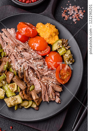 Boiled beef with vegetables, grains, seeds and spices 122290201