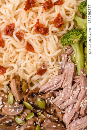 Rice noodles, asian food with soy sauce and spices Rice noodles, asian food with soy sauce and spices 122290275