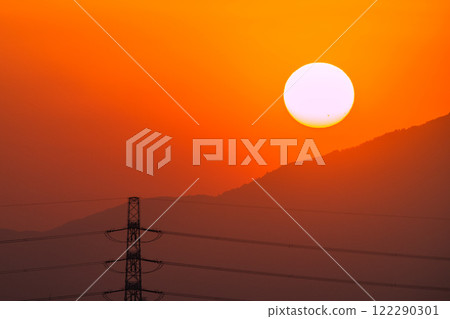 Tokyo cityscape in Japan. Two sunspots... View of steel towers and the setting sun. Flares were also active on this day = January 23, 2025 Tokyo cityscape in Japan. Two sunspots... View of steel towers and the setting sun. Flares were also active on this day = January 23, 2025 122290301