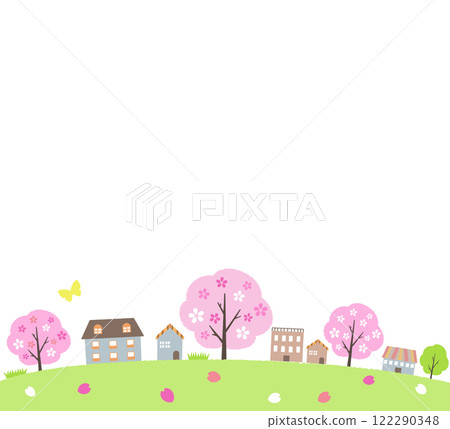 Spring street lined with cherry blossom trees 122290348
