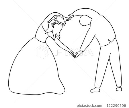 Bride and groom, back view of the bride and groom forming a heart shape together vector 122290506