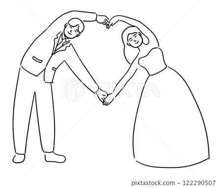 Bride and groom, the bride and groom are forming a heart shape together, a cute couple on their wedding day 122290507