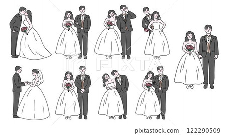 Wedding couple, vector illustration set of a bride and groom couple with a wedding bouquet, posing in cute styles 122290509