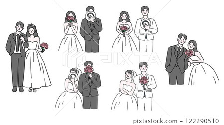 Wedding couple, set of a bride and groom couple posing with a wedding bouquet and the groom's hat, cute couple on their wedding day 122290510
