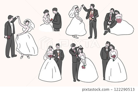 Bride and groom, wedding couple, cute bride and groom vector set with different pose styles Bride and groom, wedding couple, cute bride and groom vector set with different pose styles 122290513
