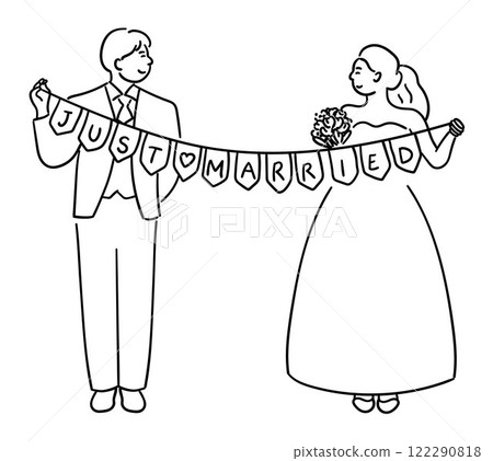Bride and groom are holding signs that say Just Married, gazing at each other lovingly, bride and groom Bride and groom are holding signs that say Just Married, gazing at each other lovingly, bride and groom 122290818