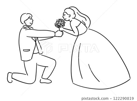 Cute couple on their wedding day, with the groom holding a bouquet to give to the bride, and the bride joyfully receiving it vector Cute couple on their wedding day, with the groom holding a bouquet to give to the bride, and the bride joyfully receiving it vector 122290819