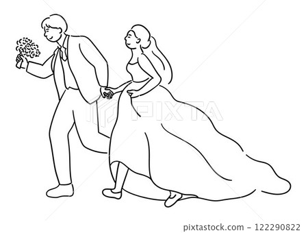 The bride and groom are holding hands and running, a joyful couple on their wedding day vector The bride and groom are holding hands and running, a joyful couple on their wedding day vector 122290822