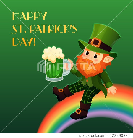 Charming vector illustration of a cheerful leprechaun sitting on a rainbow, holding a mug of frothy green beer, with a 'Happy St. Patrick's Day' greeting. A vibrant and playful design perfect for Charming vector illustration of a cheerful leprechaun sitting on a rainbow, holding a mug of frothy green beer, with a 'Happy St. Patrick's Day' greeting. A vibrant and playful design perfect for 122290881