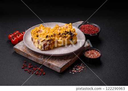 Sandwich with brioche, meat, melted cheese, corn, salt, spices and herbs 122290963