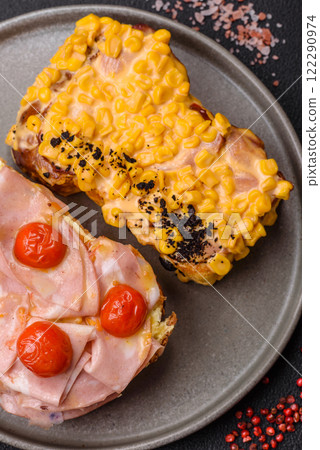 Sandwich with brioche, meat, melted cheese, ham, tomatoes, salt, spices and herbs 122290974