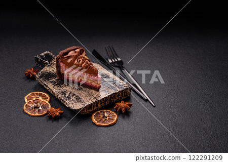 A piece of sweet cheesecake with mascarpone cheese, strawberry flavor 122291209