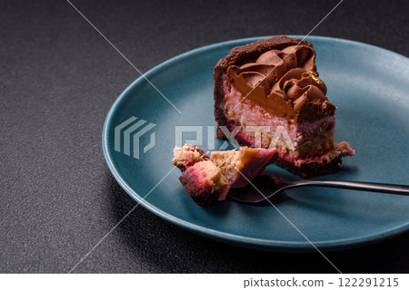 A piece of sweet cheesecake with mascarpone cheese, strawberry flavor A piece of sweet cheesecake with mascarpone cheese, strawberry flavor 122291215
