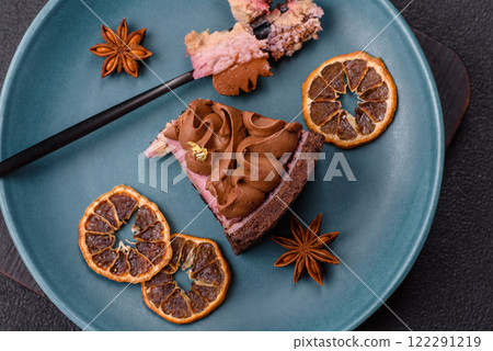 A piece of sweet cheesecake with mascarpone cheese, strawberry flavor 122291219