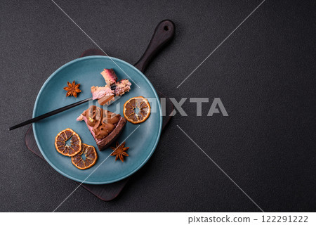 A piece of sweet cheesecake with mascarpone cheese, strawberry flavor 122291222