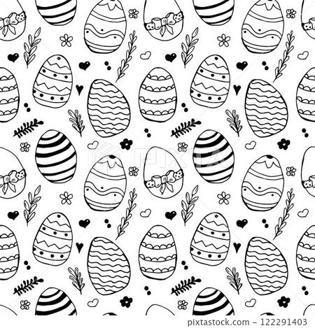 Seamless pattern with doodle easter eggs and leaves on white background 122291403