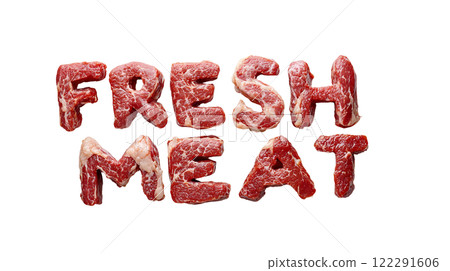 Fresh meat arranged in text form showcasing its vibrant color and natural texture against a plain background 122291606